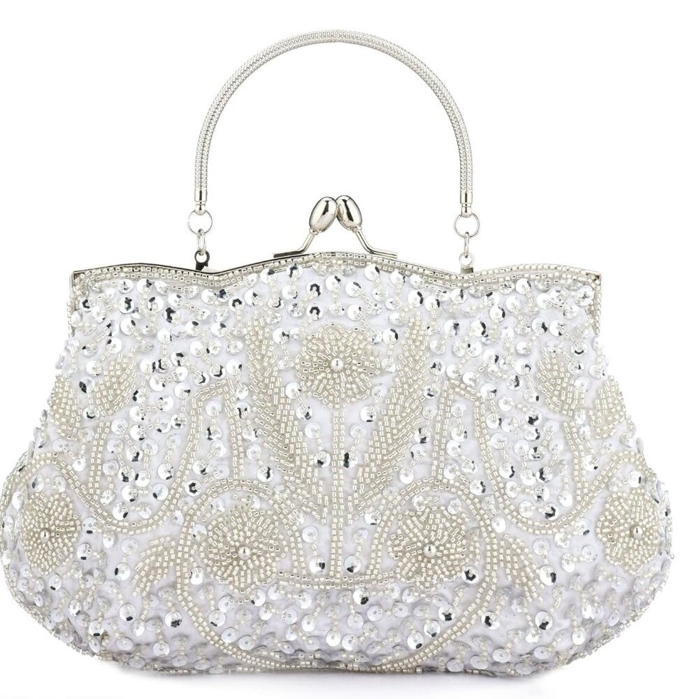 Women Beaded Sequin Design Flowers Evening Wedding Clutch Handbag Purse Vintage